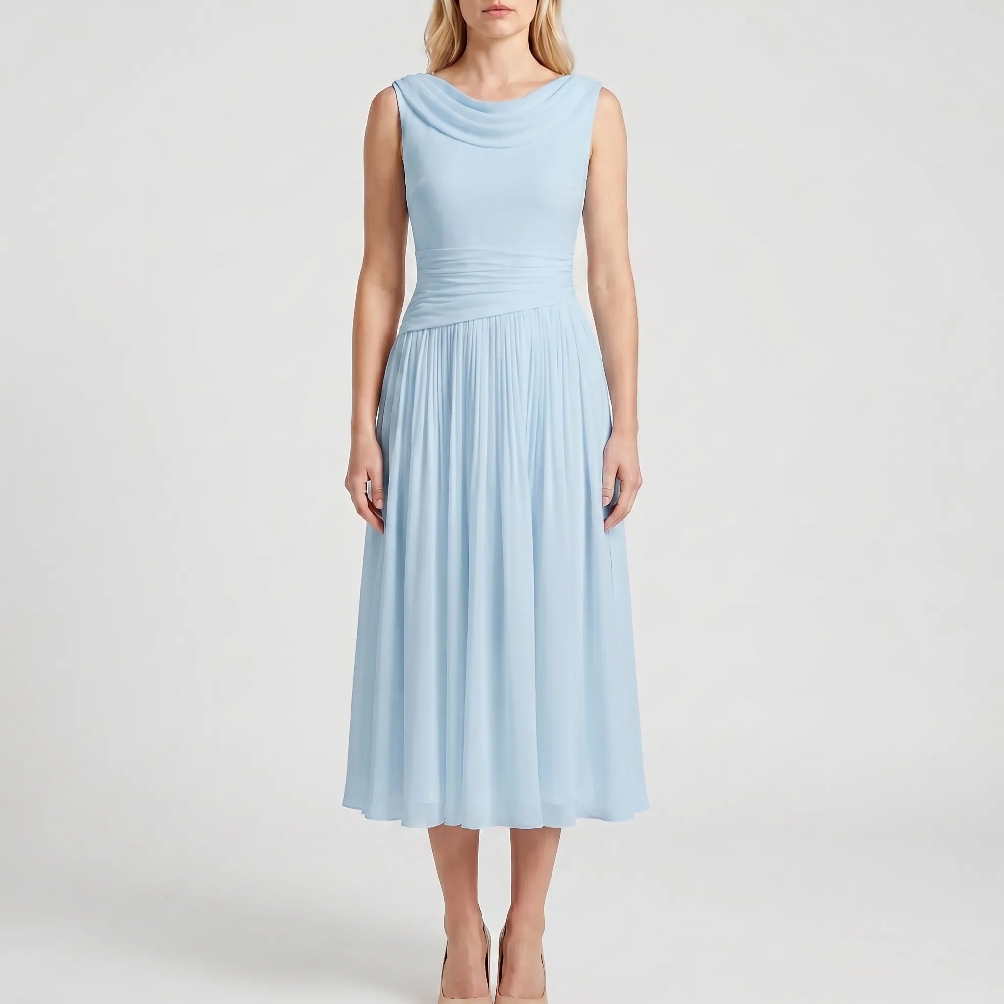 Navando | Mouwloze Midi-Jurk Met Geplooide Rok