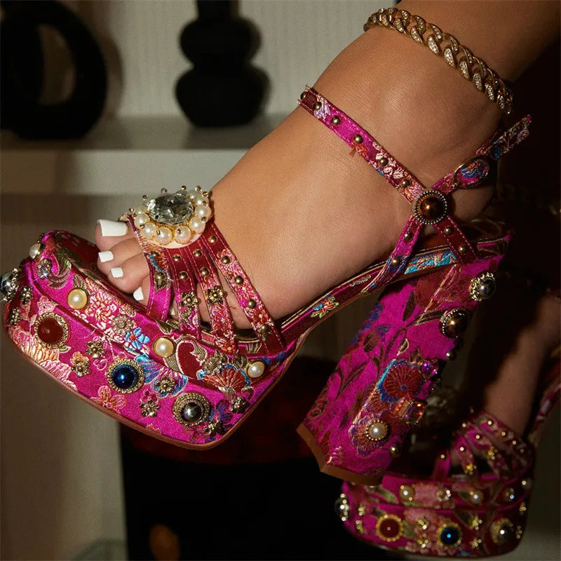 Roos - Open Toe Chunky Hoge Hakken Stijlvolle Roze Bloemenprint Rhinestone Hakken