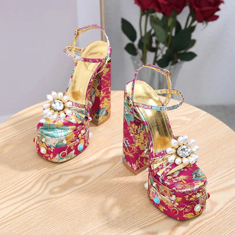 Roos - Open Toe Chunky Hoge Hakken Stijlvolle Roze Bloemenprint Rhinestone Hakken