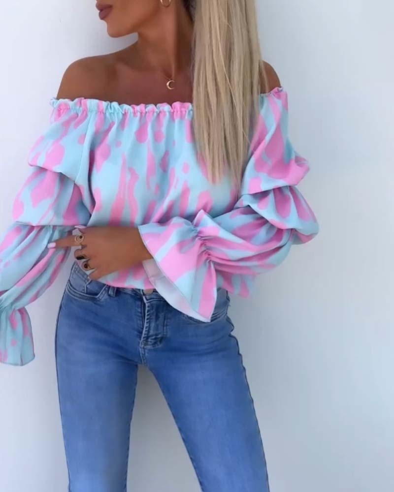 Off-Shoulder Top Met Lantaarnmouwen En Print | Navando