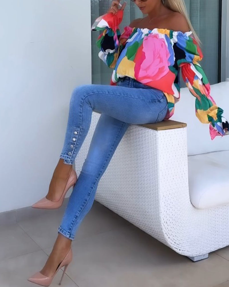 Off-Shoulder Top Met Lantaarnmouwen En Print | Navando