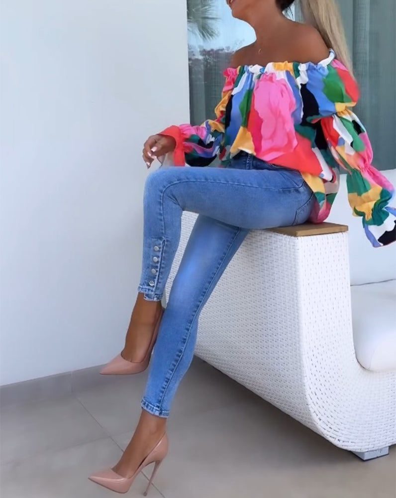 Off-Shoulder Top Met Lantaarnmouwen En Print | Navando
