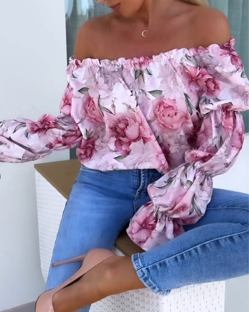Off-Shoulder Top Met Lantaarnmouwen En Print | Navando