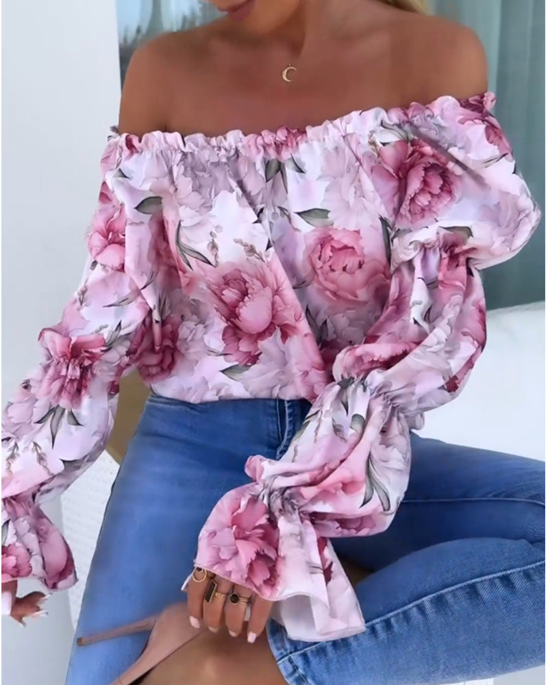 Off-Shoulder Top Met Lantaarnmouwen En Print | Navando