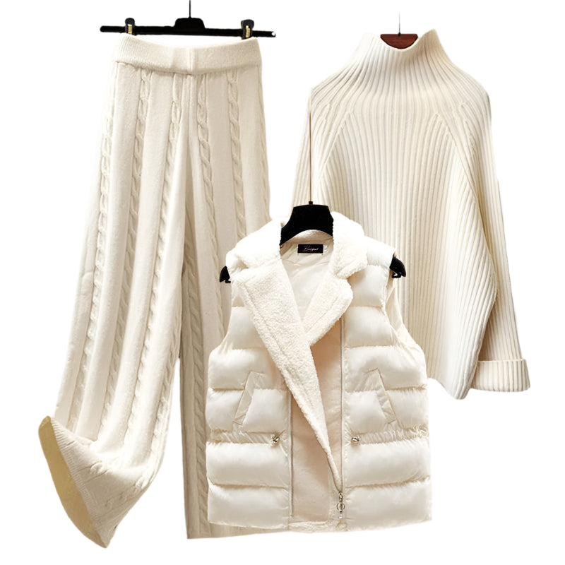 Driedelige gebreide coltruiset – comfortabele damestrui, vest en broek