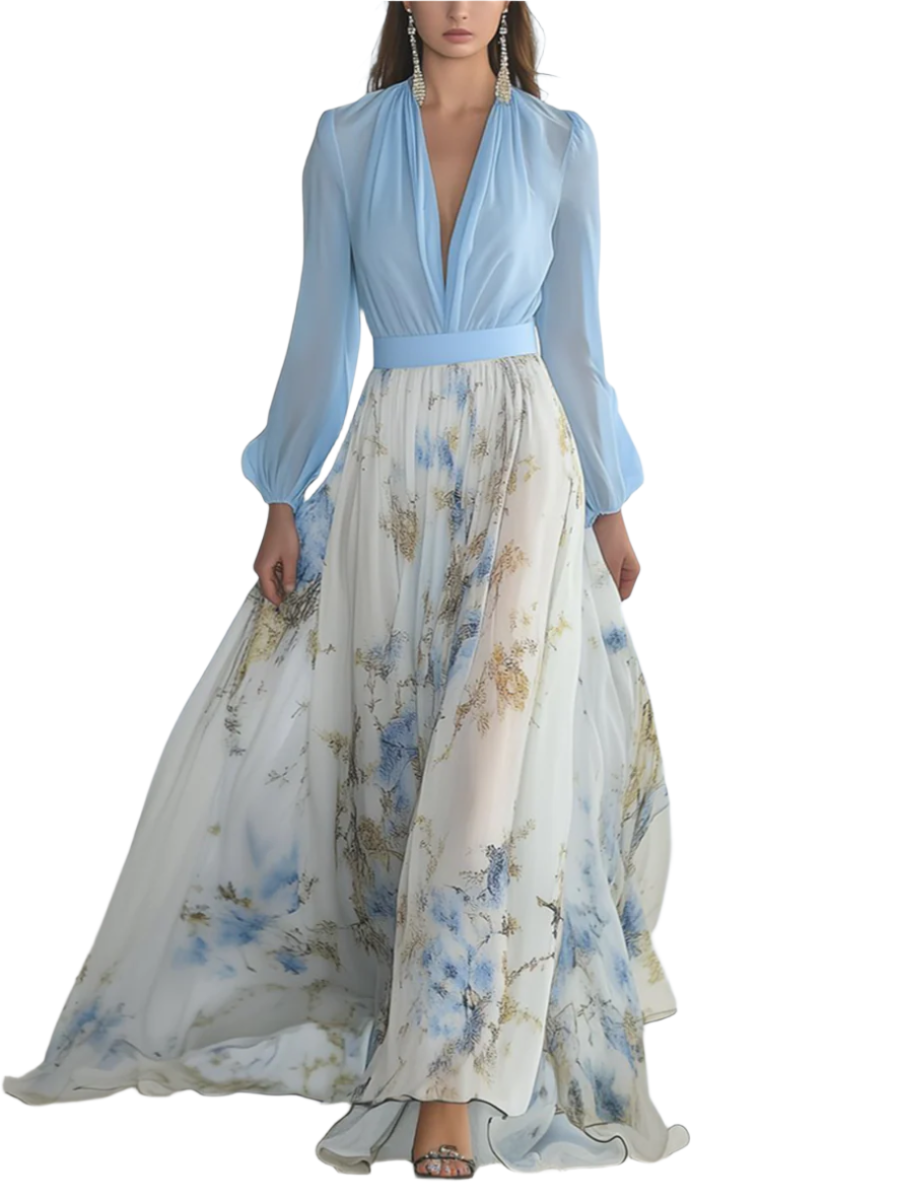 Vloeiende maxi-jurk met bloemenpatroon en lange mouwen voor dames