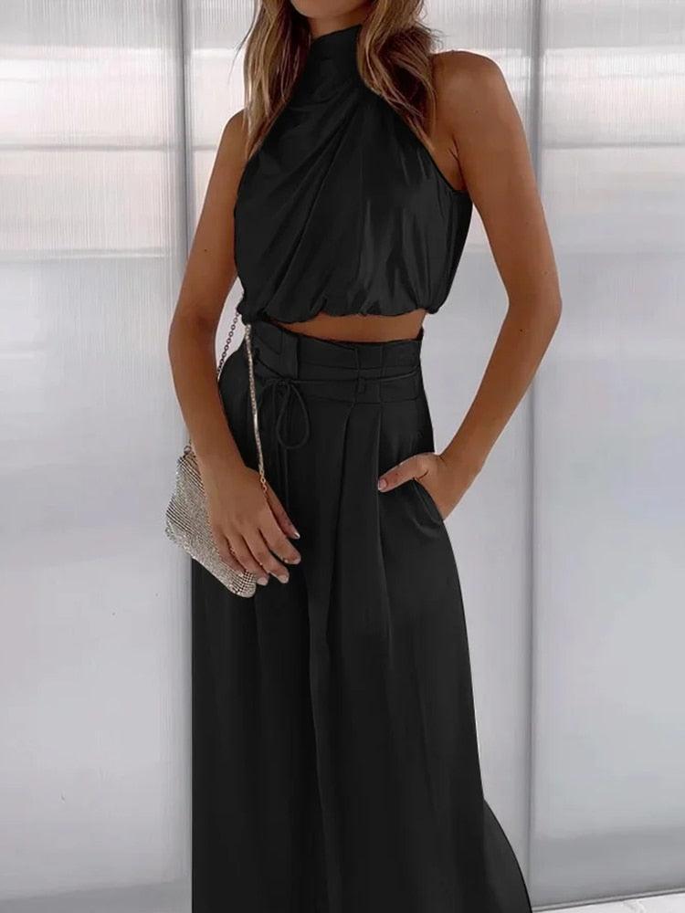 Alessandra - Tweedelige Satijn Set met Mouwloze Crop Top en Lange Broek voor Dames
