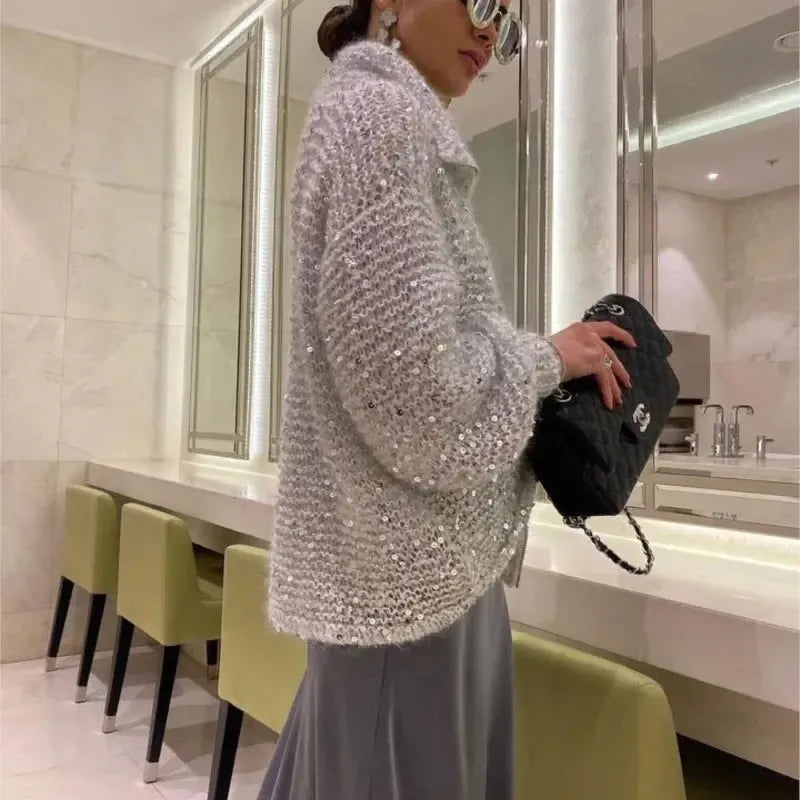 Alyssa - Gilet tricoté confortable et élégant avec fermeture éclair et paillettes