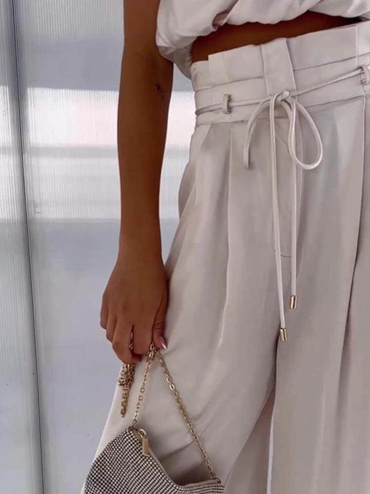 Alessandra - Tweedelige Satijn Set met Mouwloze Crop Top en Lange Broek voor Dames
