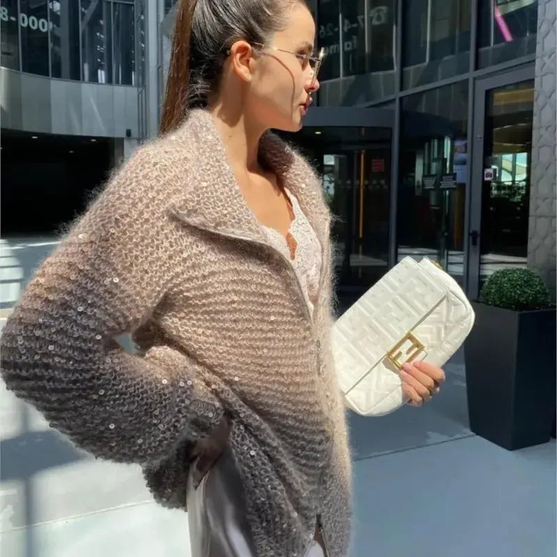 Alyssa - Gilet tricoté confortable et élégant avec fermeture éclair et paillettes