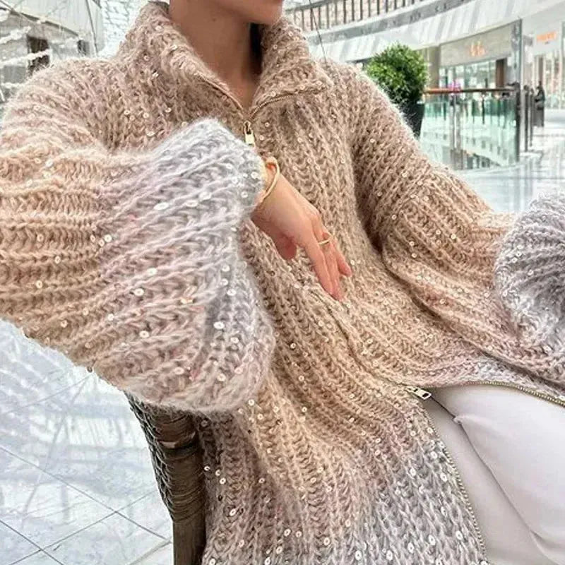 Alyssa - Gilet tricoté confortable et élégant avec fermeture éclair et paillettes