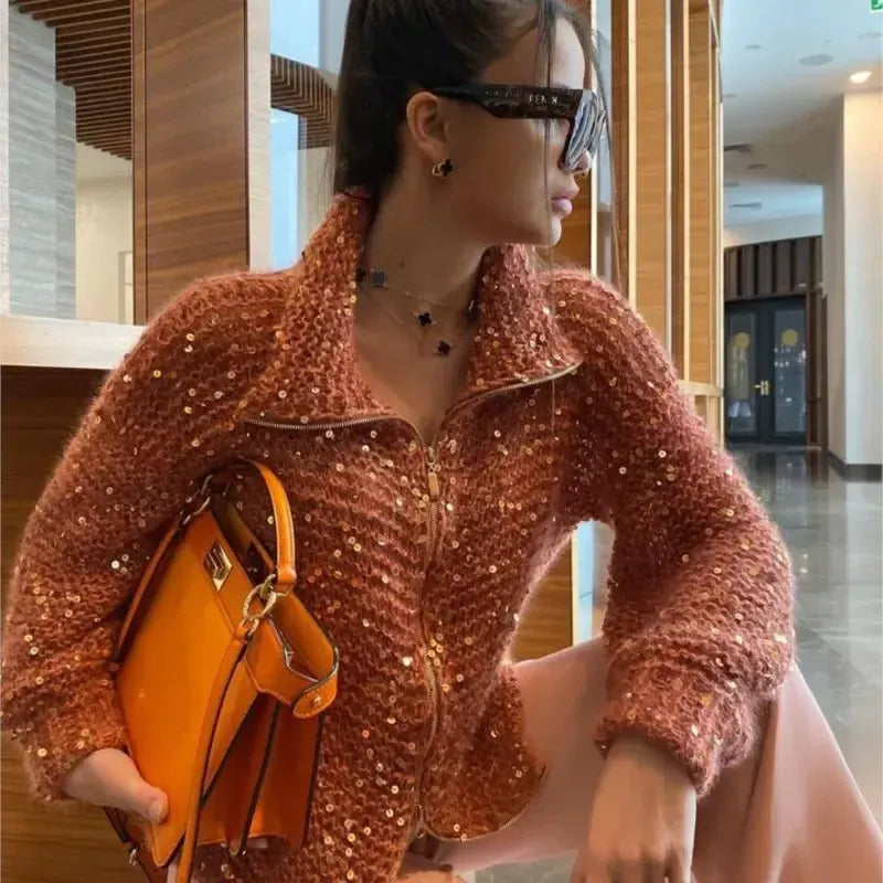 Alyssa - Gilet tricoté confortable et élégant avec fermeture éclair et paillettes