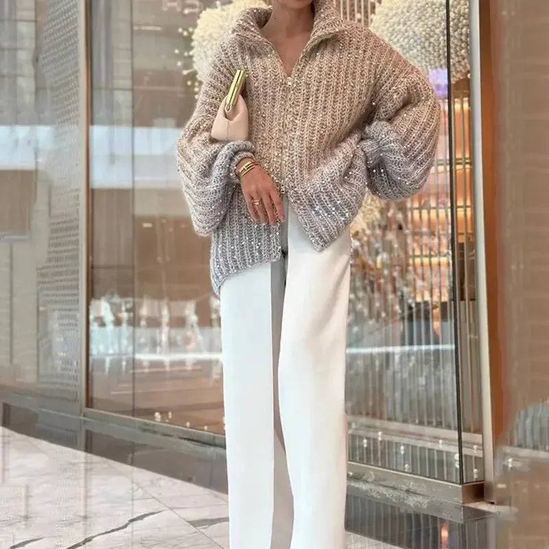 Alyssa - Gilet tricoté confortable et élégant avec fermeture éclair et paillettes