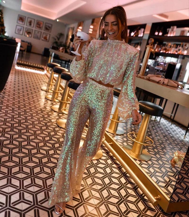 Tatienne - Tweedelige Lange Mouwen Top en Broek Set met Pailetten voor Dames
