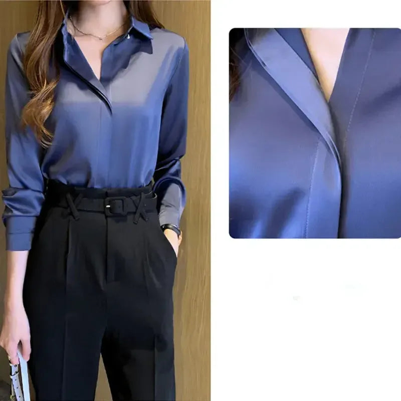 Amara - Blouse Satinée à Manches Longues et Col V