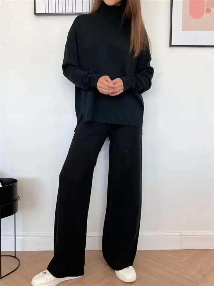 Ensemble Lounge de Luxe avec Pull Col Roulé Confortable et Pantalon Large pour Femme - Serenity