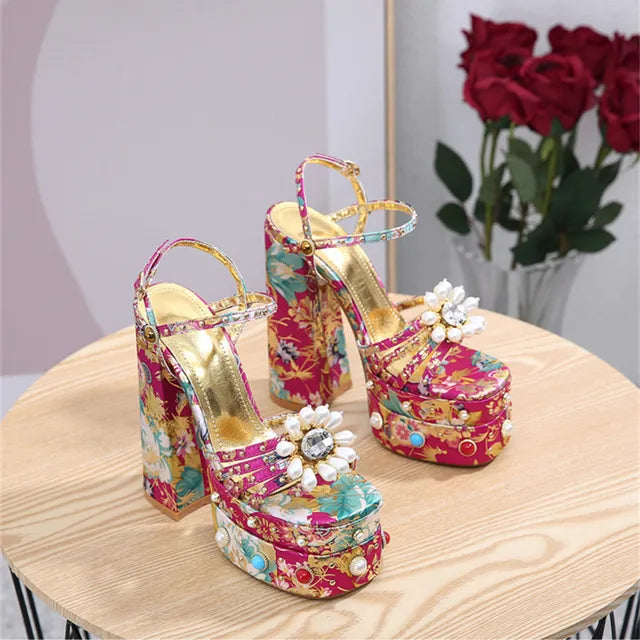 Roos - Open Toe Chunky Hoge Hakken Stijlvolle Roze Bloemenprint Rhinestone Hakken