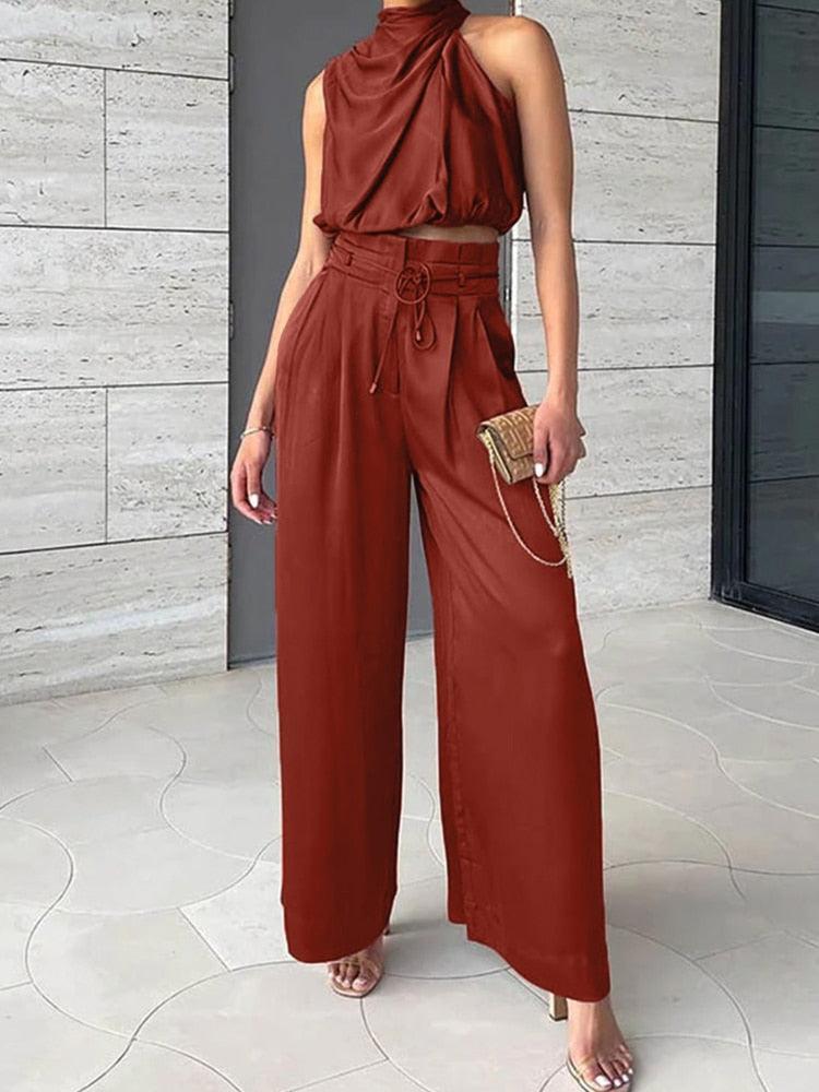 Alessandra - Tweedelige Satijn Set met Mouwloze Crop Top en Lange Broek voor Dames