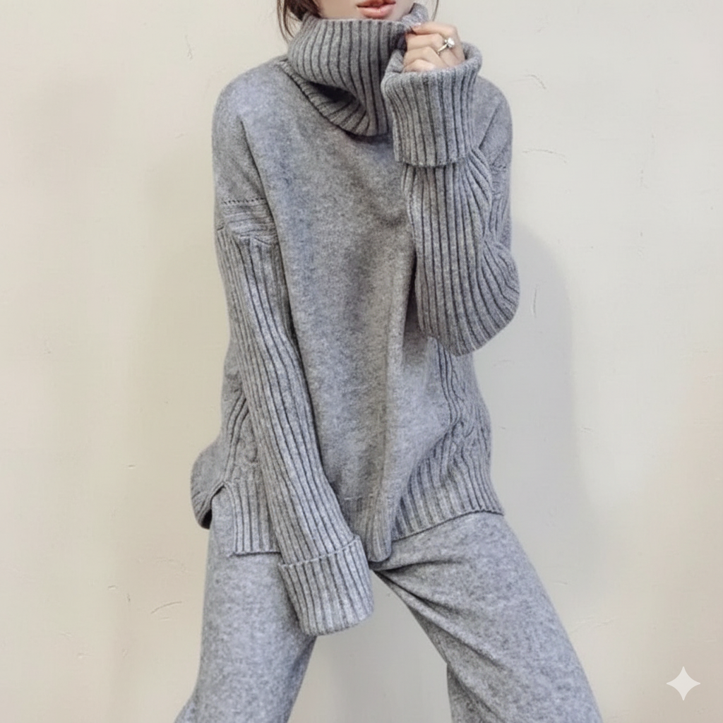 Navando | Comfortabele gebreide set met coltrui en flared broek