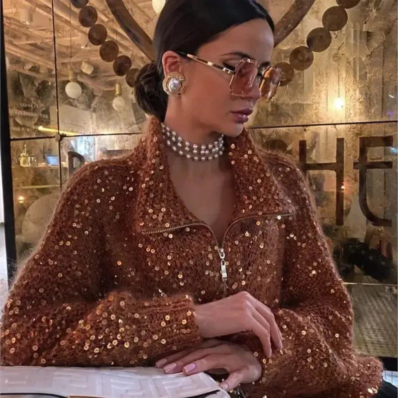 Alyssa - Gilet tricoté confortable et élégant avec fermeture éclair et paillettes