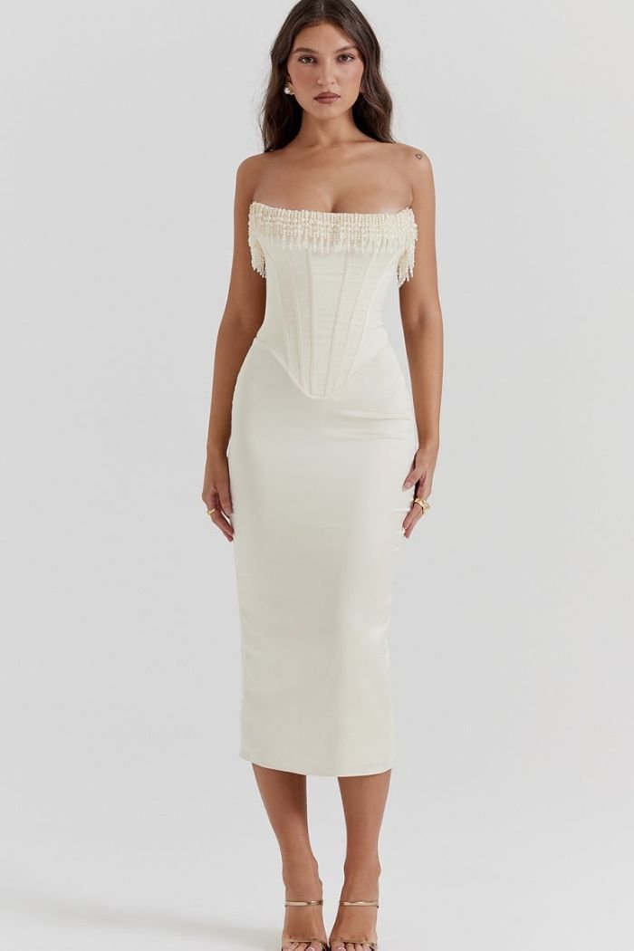Sharlene | Strapless jurk met parelversiering van stretchsatijn 0