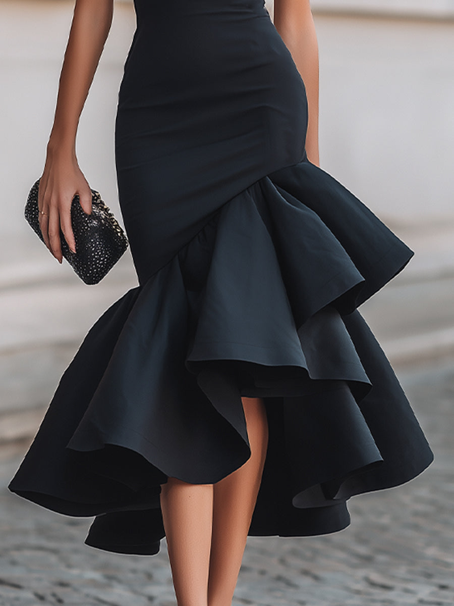 Strakke Midi-Jurk Met Asymmetrische Ruffles | Navando