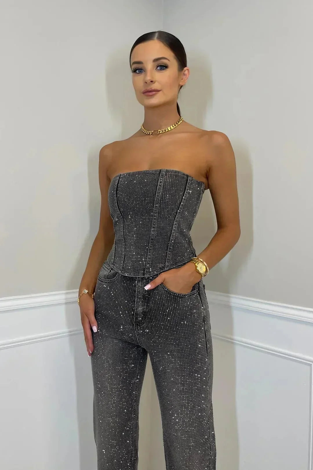 Strapless Glitter Jumpsuit | Navando