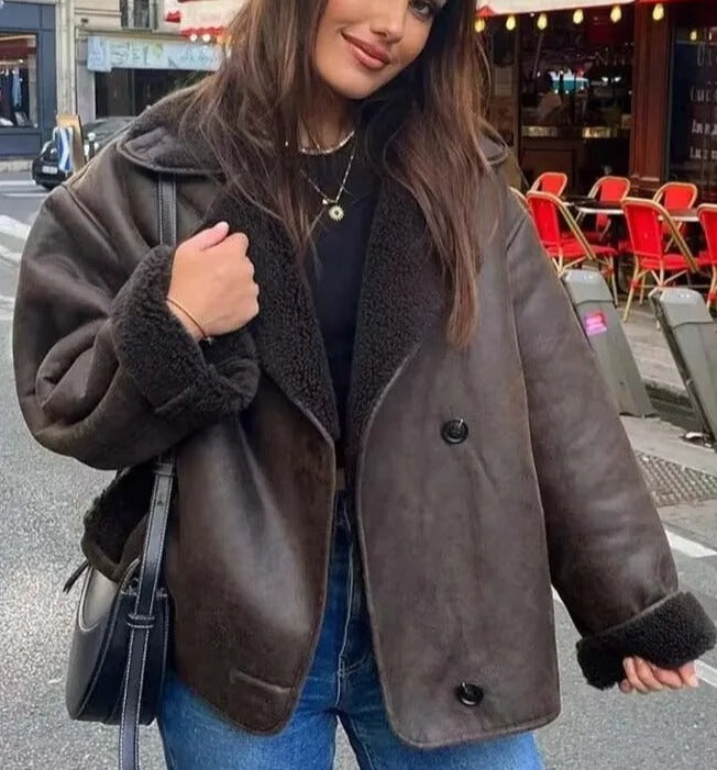 Lila - Vintage Vegan Leren Jas met Teddy Voering