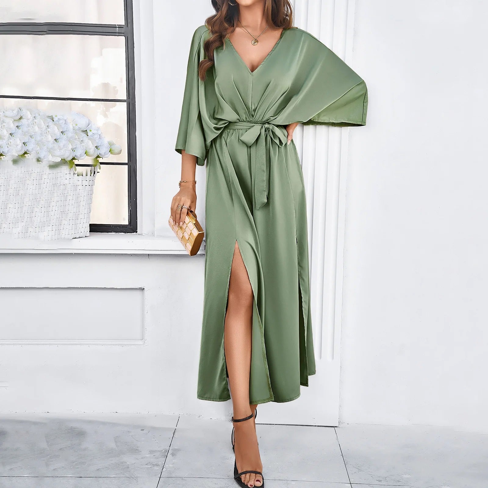V-hals midi-jurk voor dames – Lichtgewicht materiaal – Elegante lentelook – Geschikt voor dagelijks gebruik 2