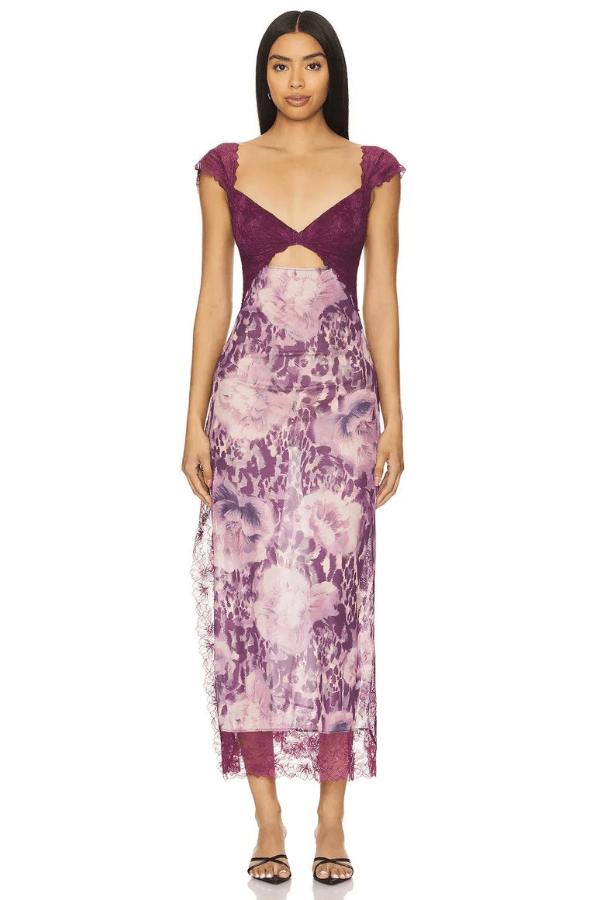 Vivienne | Bloemenprint lange damesjurk met kantaccenten 14