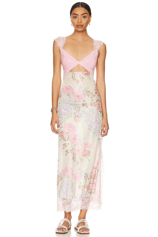 Vivienne | Bloemenprint lange damesjurk met kantaccenten 8