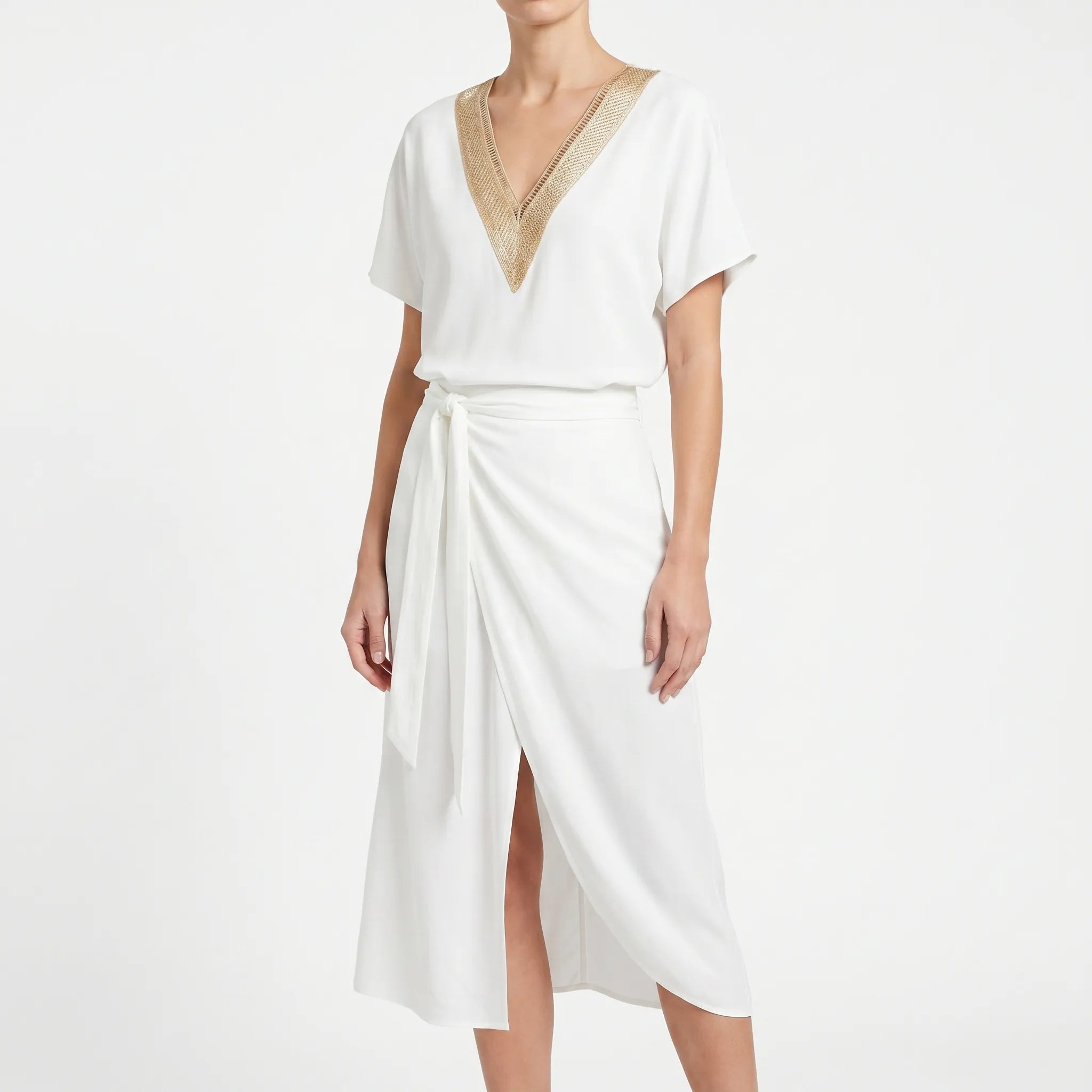 Witte Midi-Jurk Met V-Hals | Navando