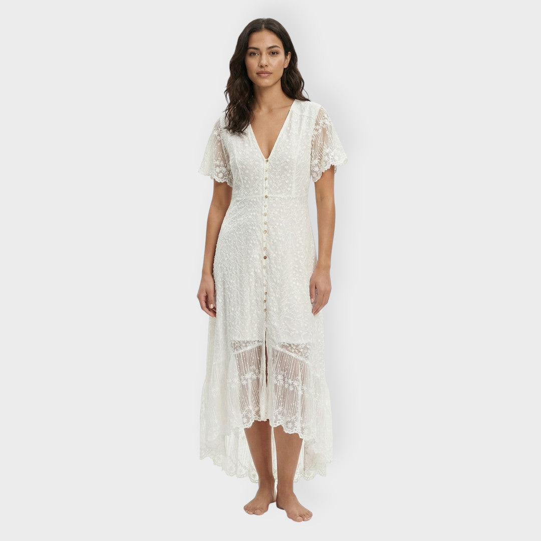 Witte jurk | V-hals, kanten accenten, vloeiend silhouet 1