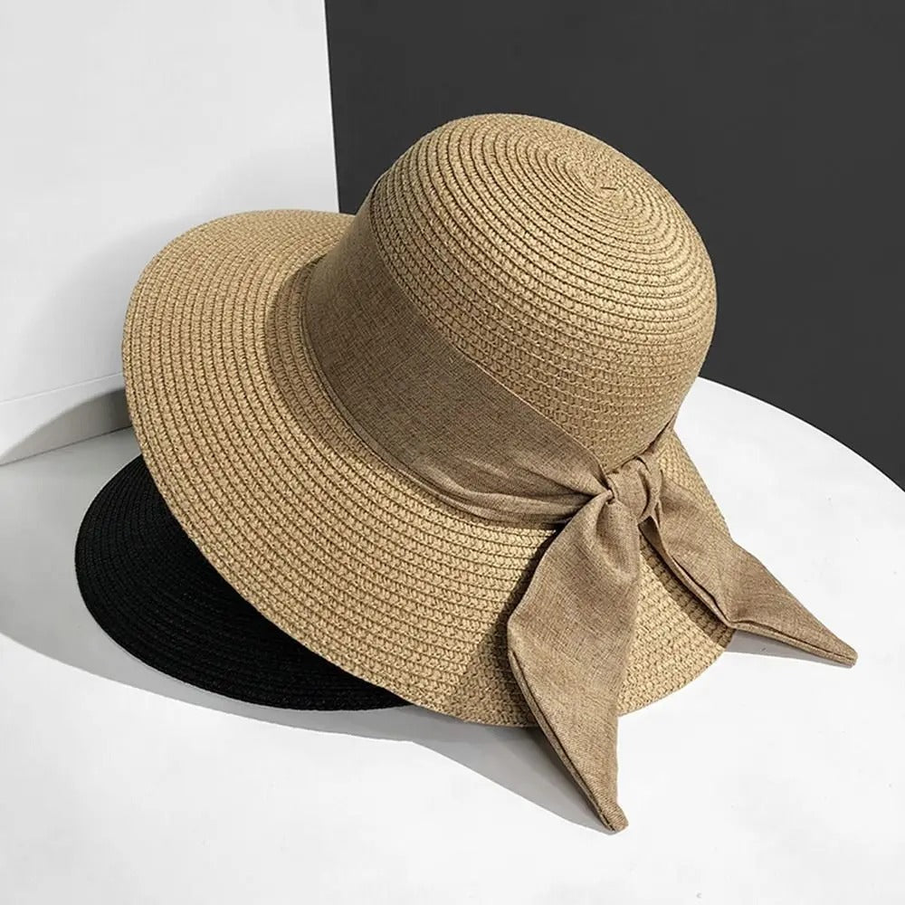 Chapeau de soleil femme - Élégant chapeau de paille avec nœud - Protection UV | Navando