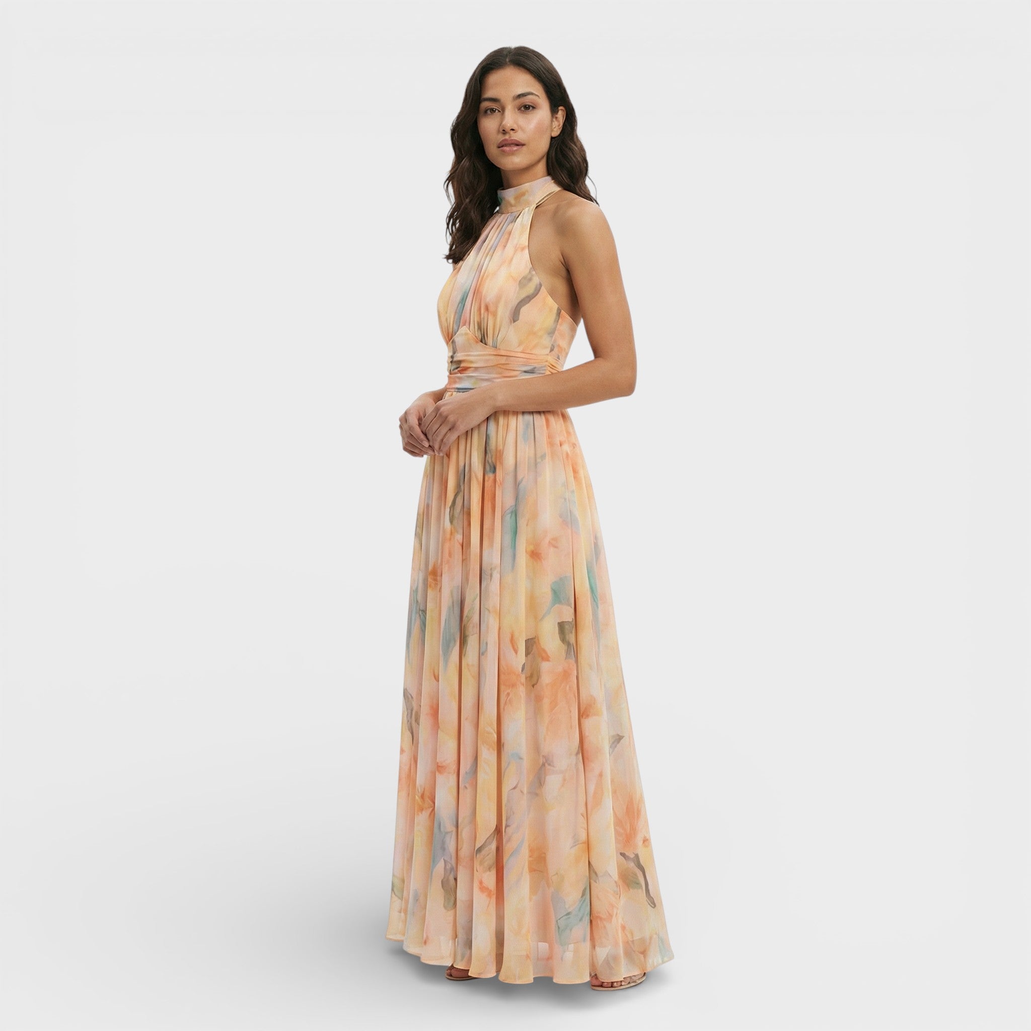 Zoviska | Aquarelprint maxi jurk met halterhals 1