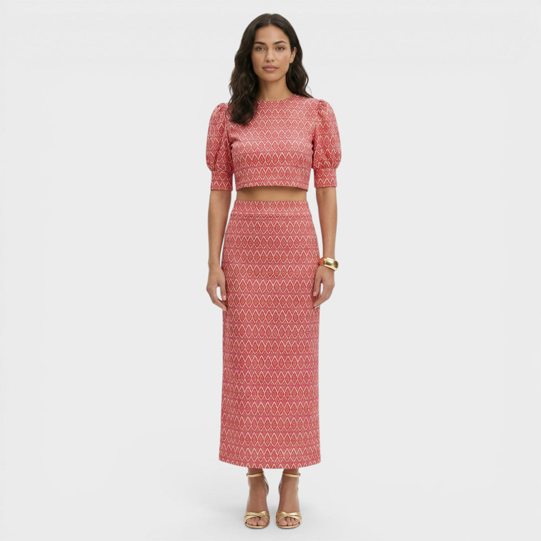 Zoviska | Geometrische print tweedelige set met pofmouwen 0