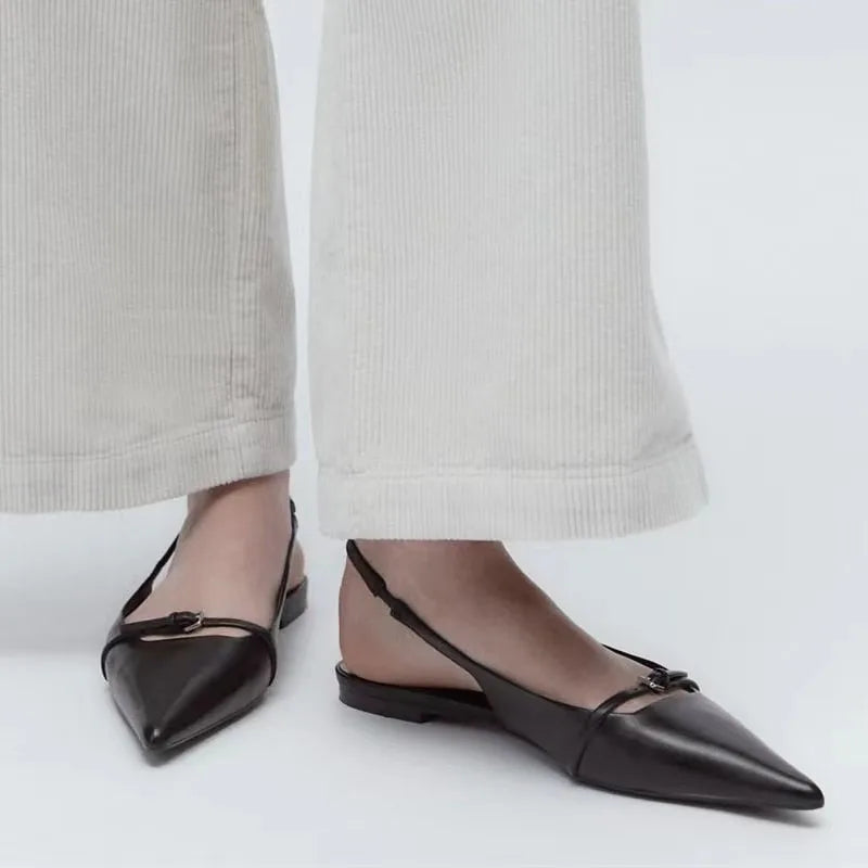 Zwarte Platte Slingback Met Spitse Neus | Navando