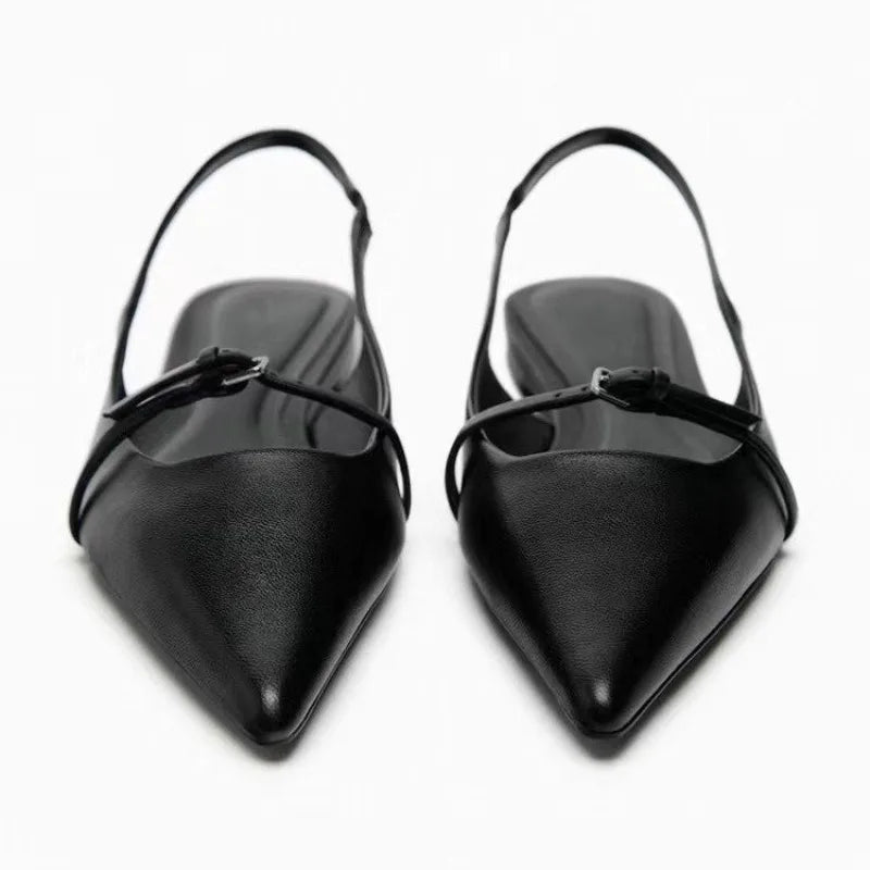 Zwarte Platte Slingback Met Spitse Neus | Navando