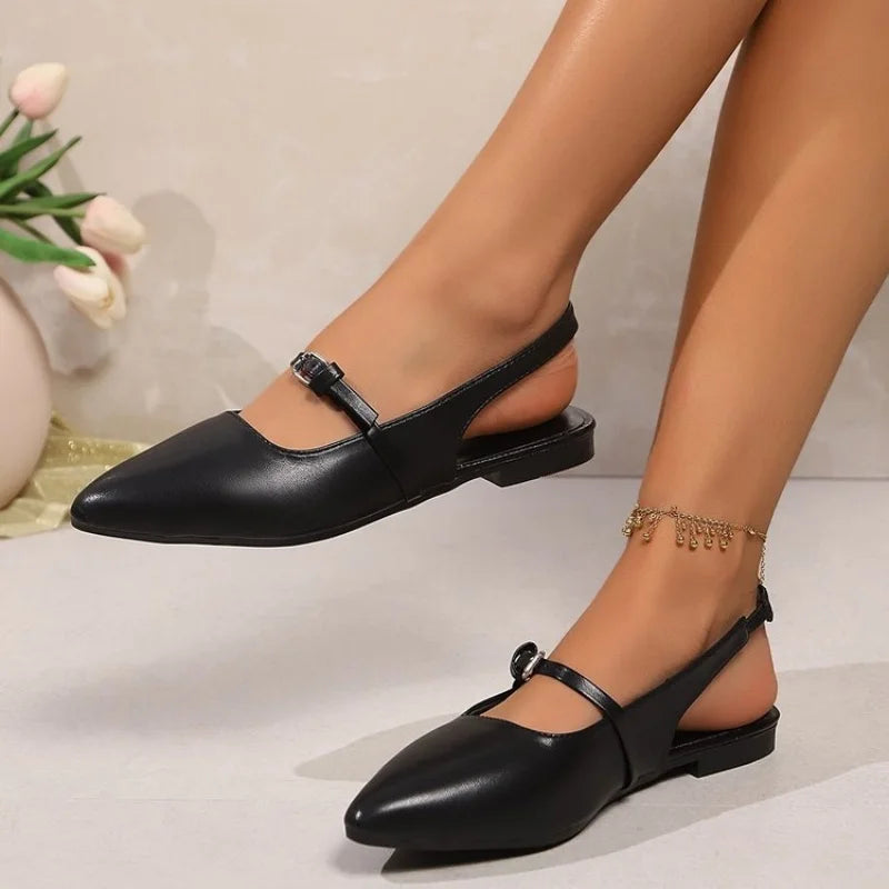 Zwarte Platte Slingback Met Spitse Neus | Navando