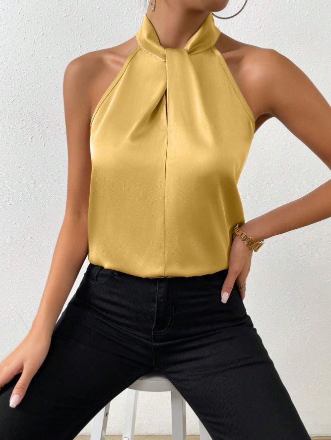 Aline | Satijnen halter topje voor dames - Geel