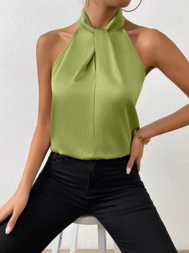 Aline | Satijnen halter topje voor dames - Olijfgroen