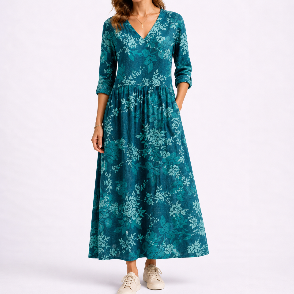 Amber | Midi jurk voor dames met bloemenprint - Blauw