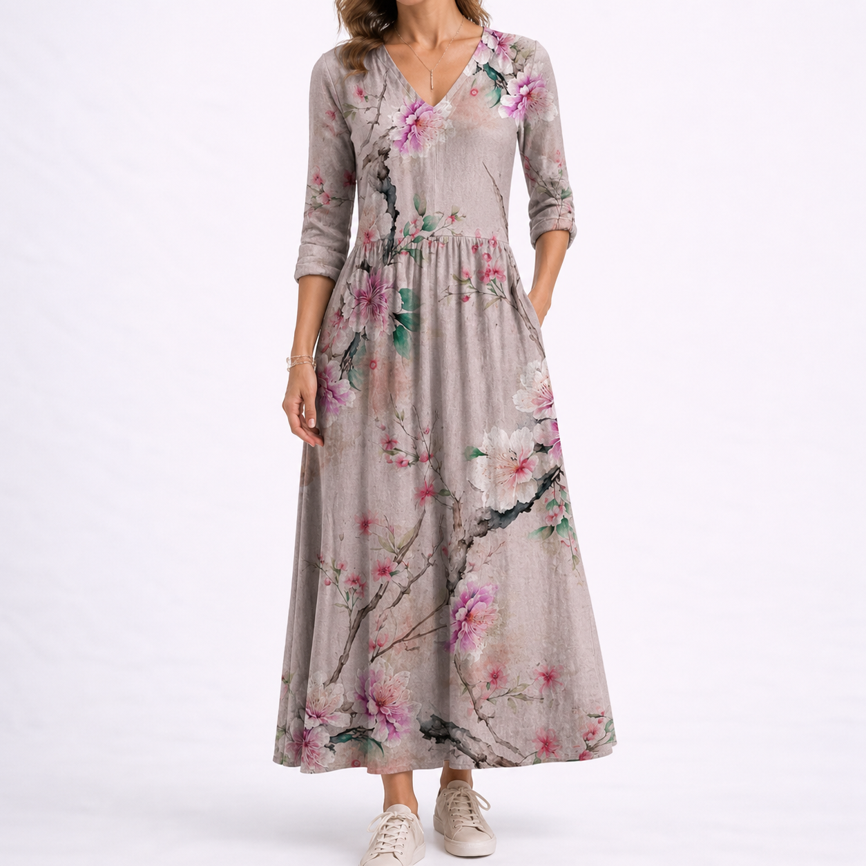 Amber | Midi jurk voor dames met bloemenprint - Grijs