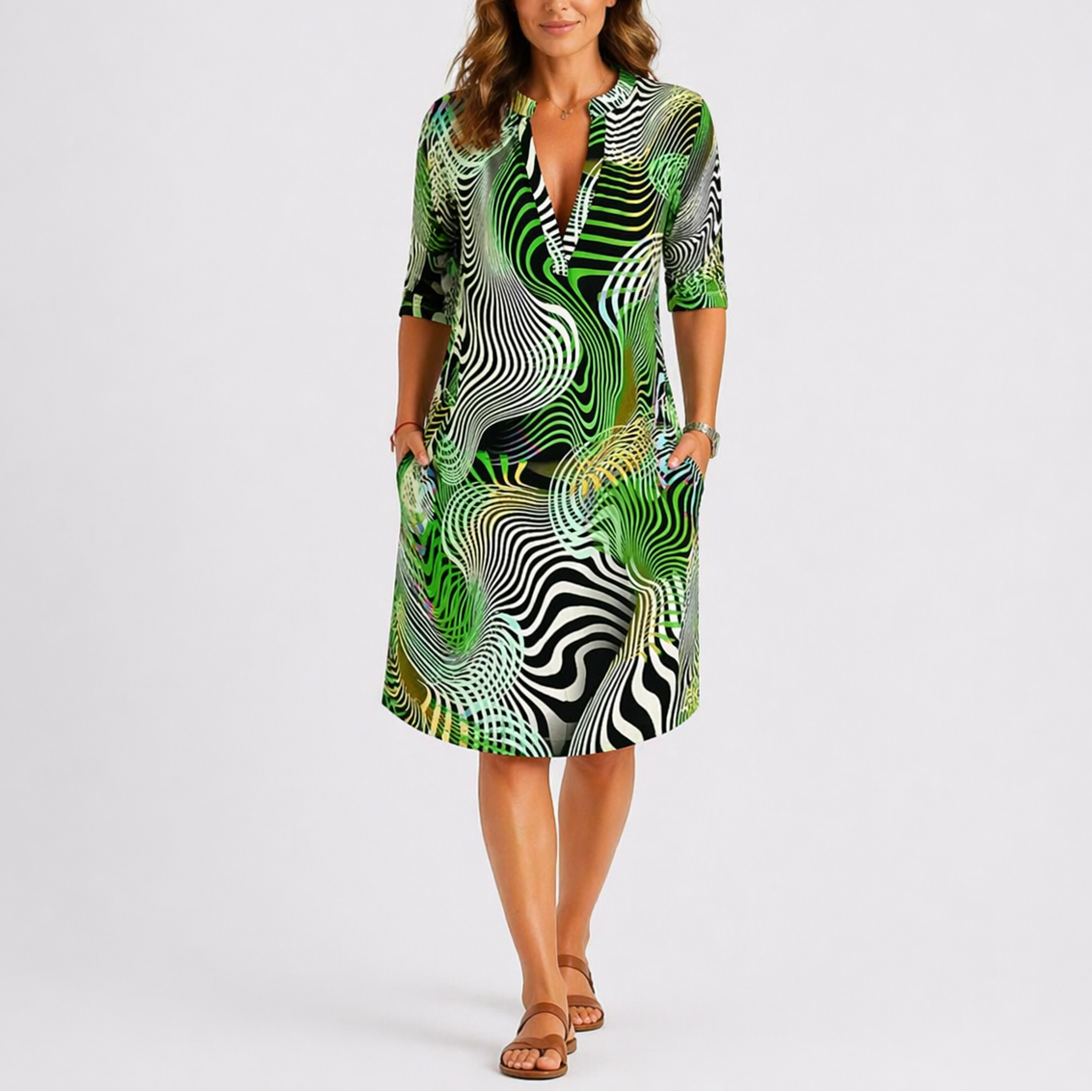 Anne | Midi jurk met print voor dames - Groen