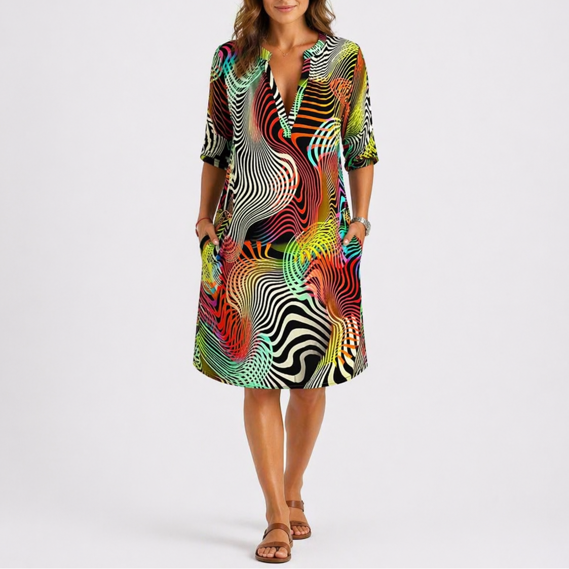 Anne | Midi jurk met print voor dames - Regenboog