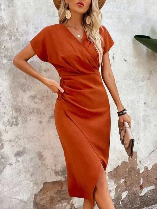 Olivia Jurk - Oranje V-Hals Midi Jurk met Split
