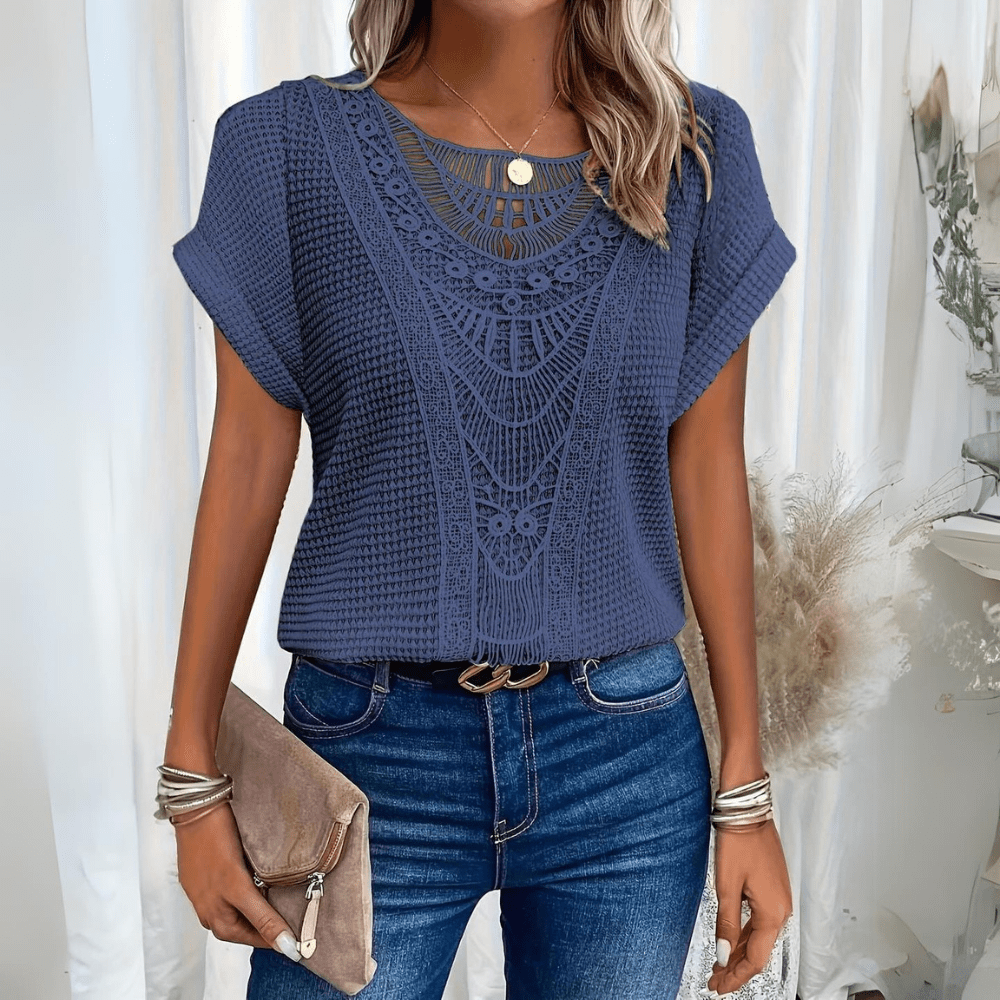 Bente | Kanten top voor dames met korte mouw - Donkerblauw