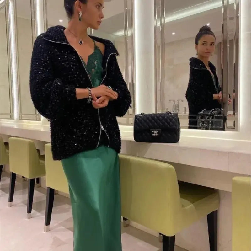 Alyssa - Gilet tricoté confortable et élégant avec fermeture éclair et paillettes