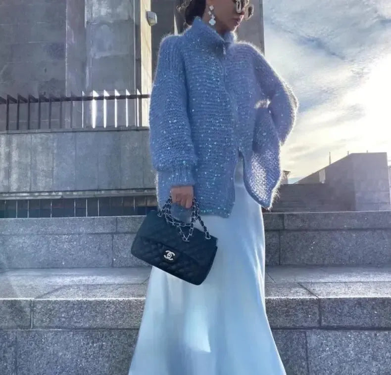 Alyssa - Gilet tricoté confortable et élégant avec fermeture éclair et paillettes
