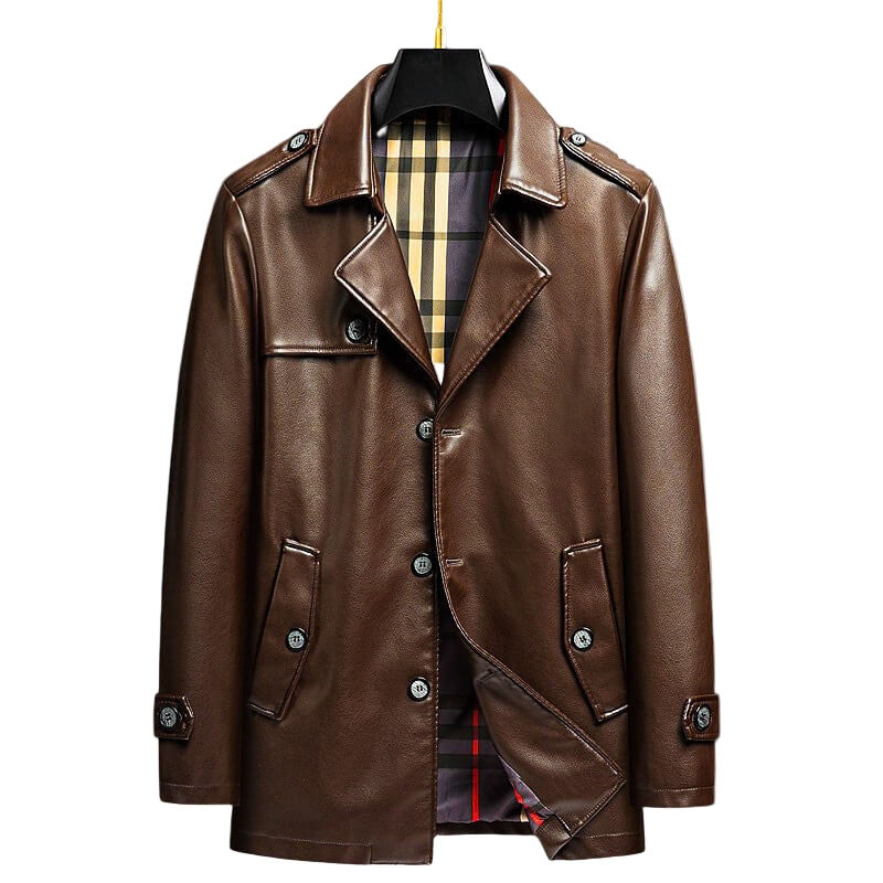 Klassieke eco-leren jas van gemiddelde lengte voor heren – geruite voering